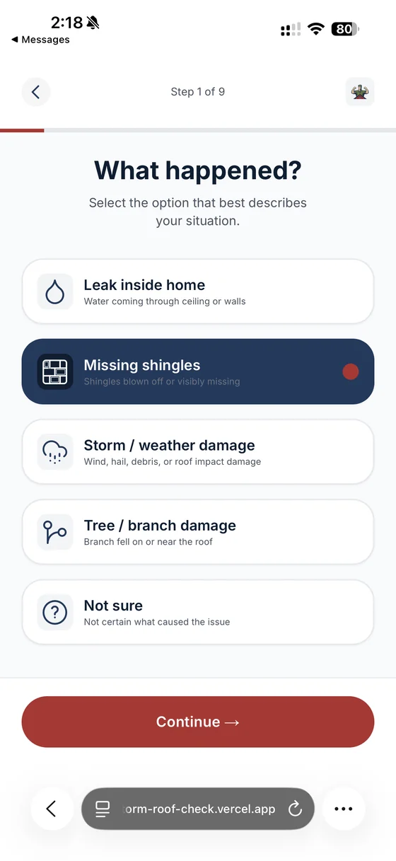 Storm Roof Check — guided roof-check intake flow